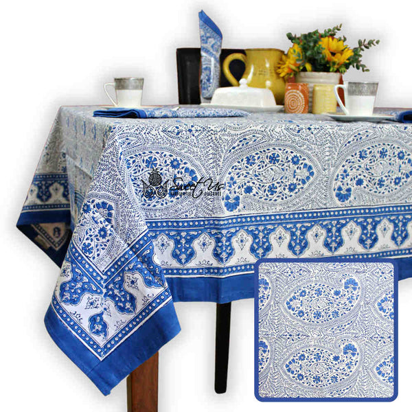 NATURAL LINEN sky blue floral tablecloth- paisley luxurious silky look vintage style selling tablecloth-large small size tablecloth-