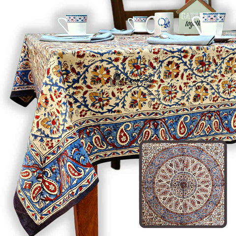 Vintage Paisley Block Print Cotton Floral Tablecloth Square, Aqua Dusk