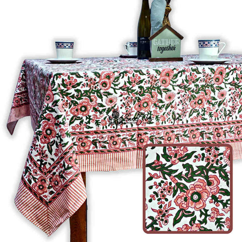 Rose Romance Floral Cotton Block Print Tablecloth Square, Pretty in Pink