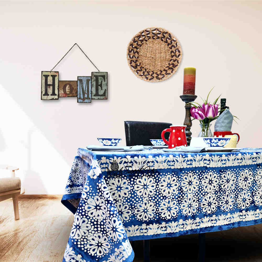 Batik Bloom Cotton Floral Tablecloth Rectangle, Round, Square, Shadow Blue