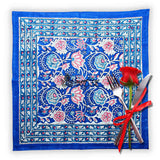 Lotus Dreams Block Print Cotton Floral Table Napkin, Sapphire Charm