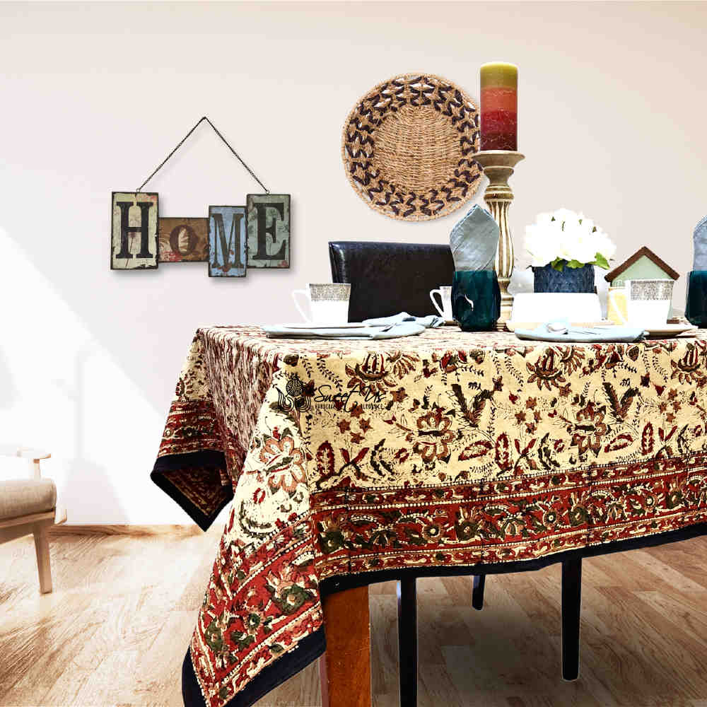 Rustic Autumn Floral Block Print Cotton Tablecloth Rectangle