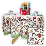 Vineyard Harmony Floral Cotton Tablecloth Collection, Green White Red Linen