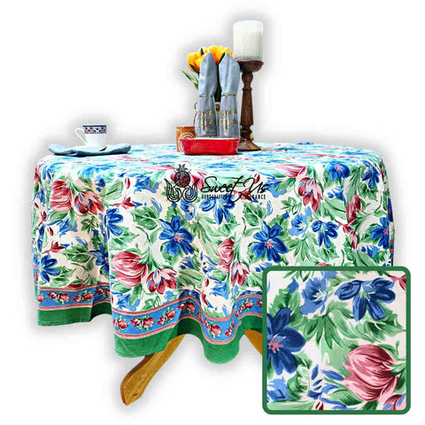 Fleur De Lush Floral Cotton Tablecloth Round Green Blue, Table Linen