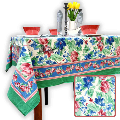 Fleur De Lush Floral Cotton Tablecloth Square Green Blue, Table Linen