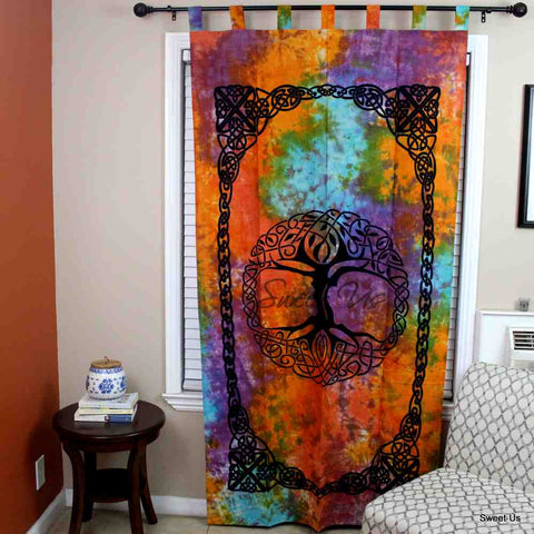 Celtic Tree of Life Tie Dye Cotton Panel Living Room Curtain, Gilded Mirage