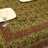 Cotton Block Print Floral Tablecloth Rectangle Olive Green Dining Linen