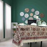 Cotton Vegetable Dye Hand Block Print Floral Tablecloth Rectangle Red Beige