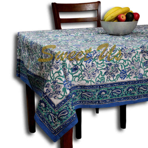 Block Print Paisley Tablecloth-Rectangle Square Round Table-Cotton Blue Green - Sweet Us