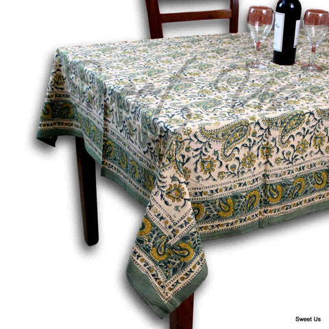 Parisian Paisley Floral Block Print Cotton Tablecloth Collection, Lime Terrace