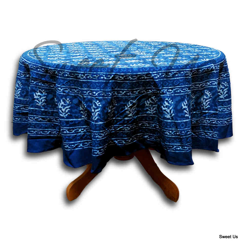 Block Print Tablecloth for Rectangle Square Round Tables Dabu Cotton Indigo Blue - Sweet Us