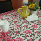 Floral Vine Block Print Tablecloth Rectangle Cotton, White Red, Table Linen