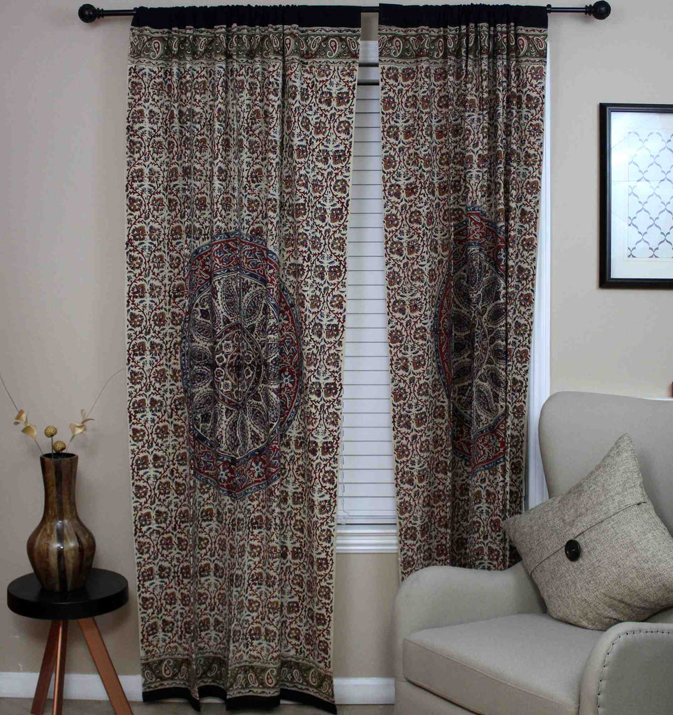 Kalamkari Block Print Curtain Paisley Floral Mandala Drape Panel 46 x 88 inches - Sweet Us