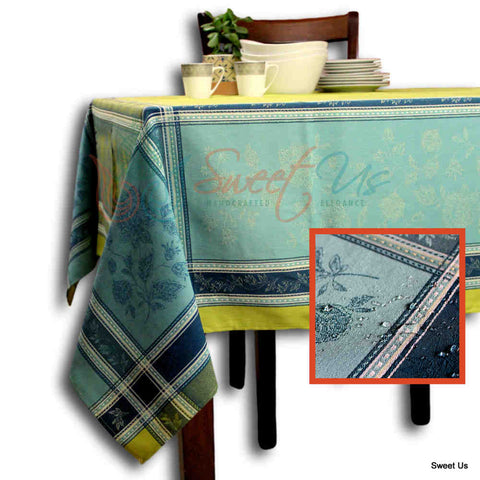 Wipeable Stain Resistant French Floral Cotton Jacquard Tablecloth Bright Sky