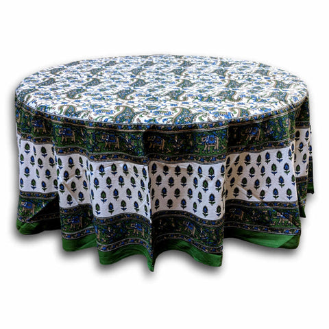 Cotton Elephant Print Floral Paisley Tablecloth Round 72 inches Green Blue - Sweet Us