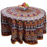 Handmade 100% Cotton Elephant Mandala Floral 81" Round Tablecloth Burgundy Mustard Orange Green - Sweet Us
