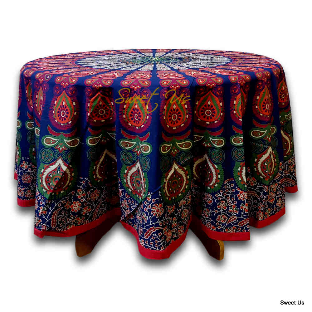 Cotton Elephant Mandala Floral Tablecloth Round 81 in Blue Red Orange Green
