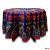 Cotton Elephant Mandala Floral Tablecloth Round 81 in Blue Red Orange Green