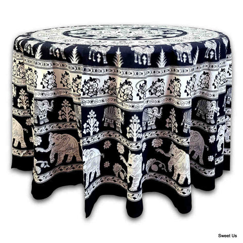 Elephant Tablecloth Round Cotton Floral Kitchen Dining Linen Black White