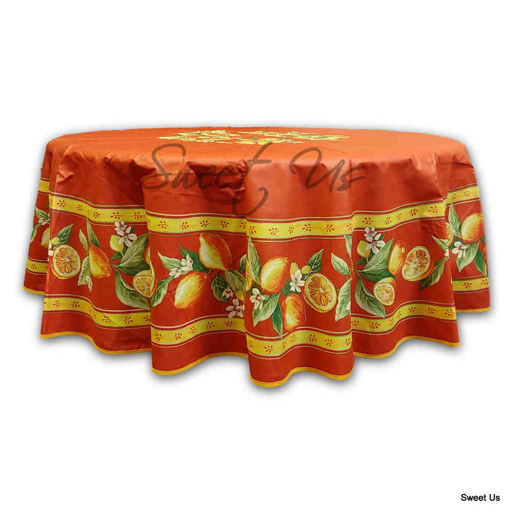 Le Citron Wipeable Acrylic Coated Cotton Tablecloth Round, 71 inches, Flame