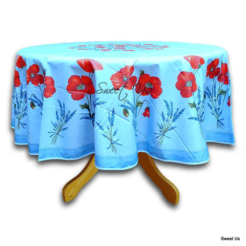 Wipeable Tablecloth Round Spillproof French Acrylic Coated Poppy, Blue