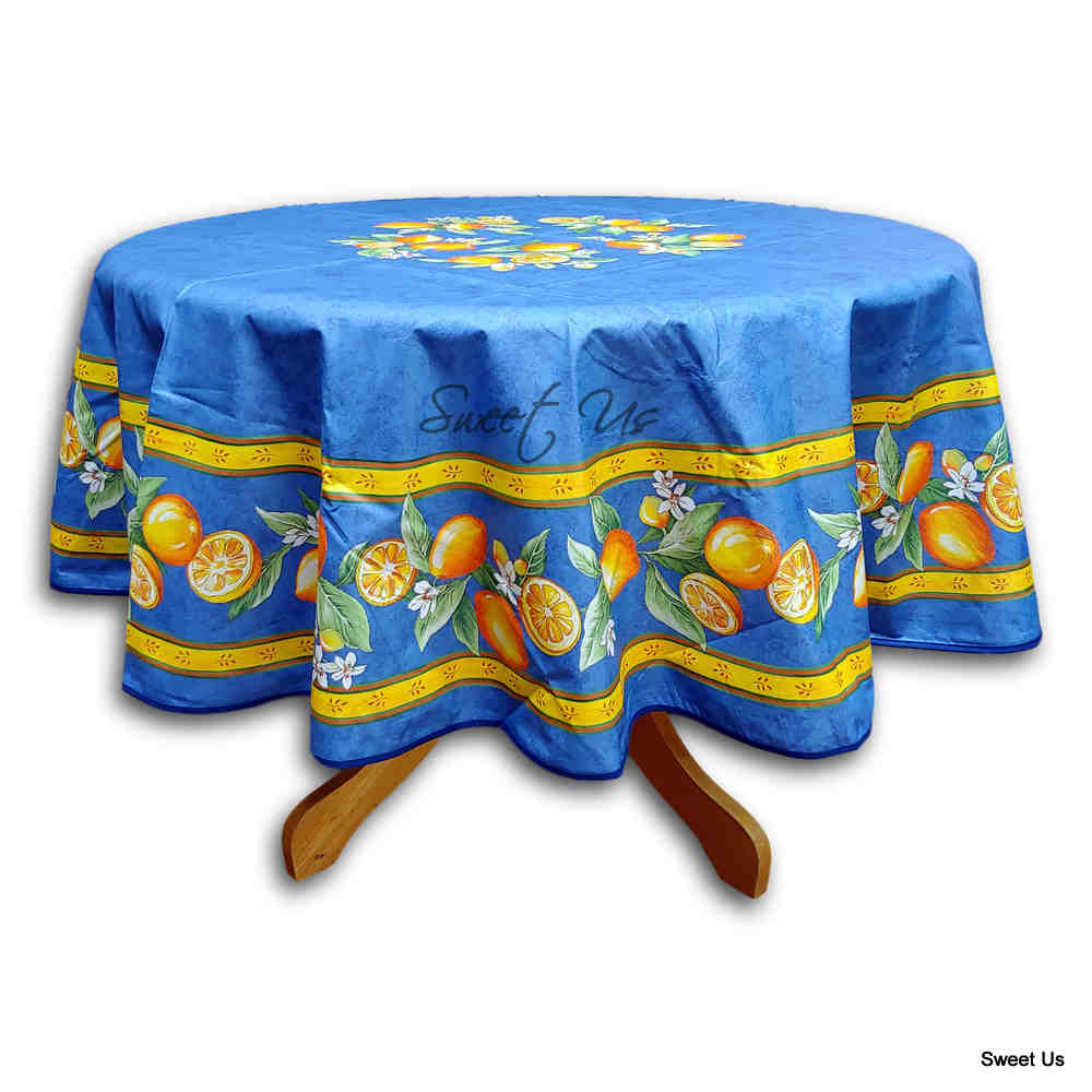 Le Citron Wipeable Acrylic Coated Cotton Tablecloth Round, Bleu