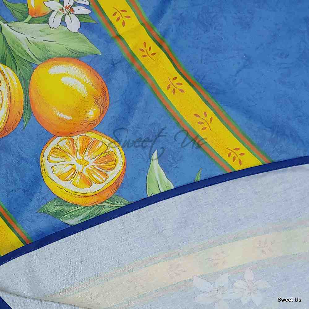 Le Citron Wipeable Acrylic Coated Cotton Tablecloth Round, Bleu