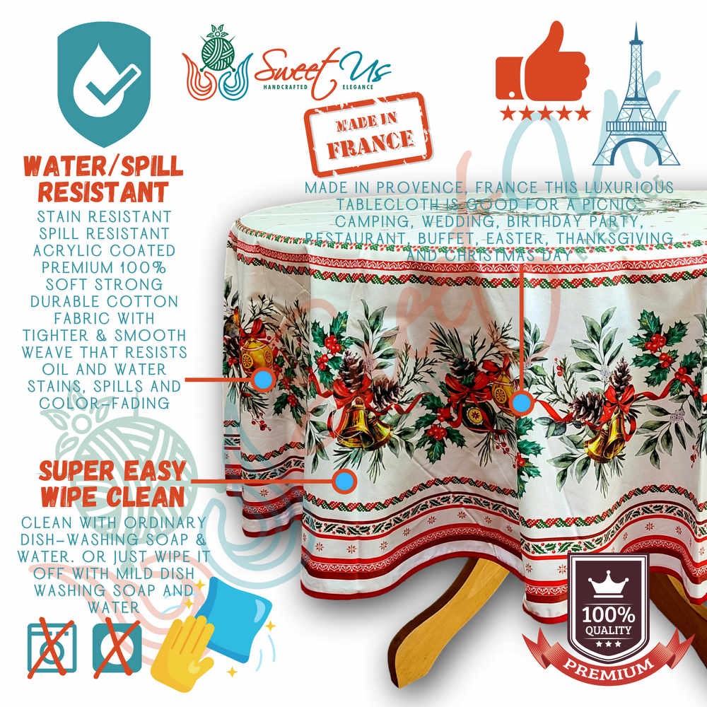 Wipeable Tablecloth Round Christmas White Red Acrylic Coated Spill Resistant
