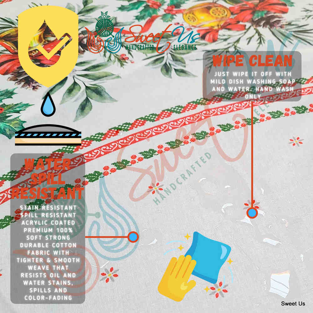 Wipeable Tablecloth Round Christmas White Red Acrylic Coated Spill Resistant