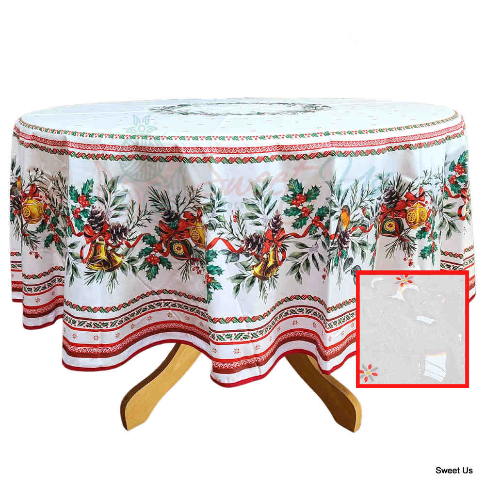 Wipeable Tablecloth Round Christmas White Red Acrylic Coated Spill Resistant