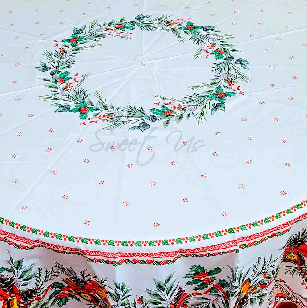 Wipeable Tablecloth Round Christmas White Red Acrylic Coated Spill Resistant
