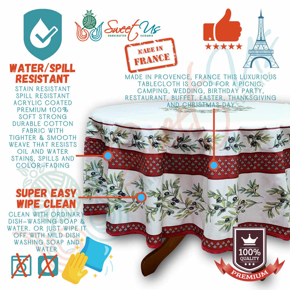 Wipeable Tablecloth Round Spillproof French Acrylic Coated Fleur Oliviers Red