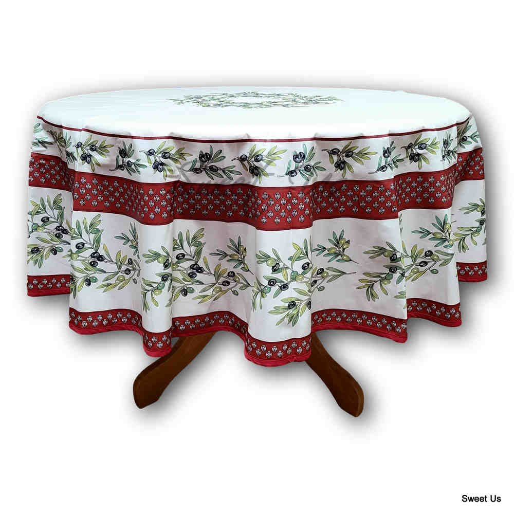 Wipeable Tablecloth Round Spillproof French Acrylic Coated Fleur Oliviers Red
