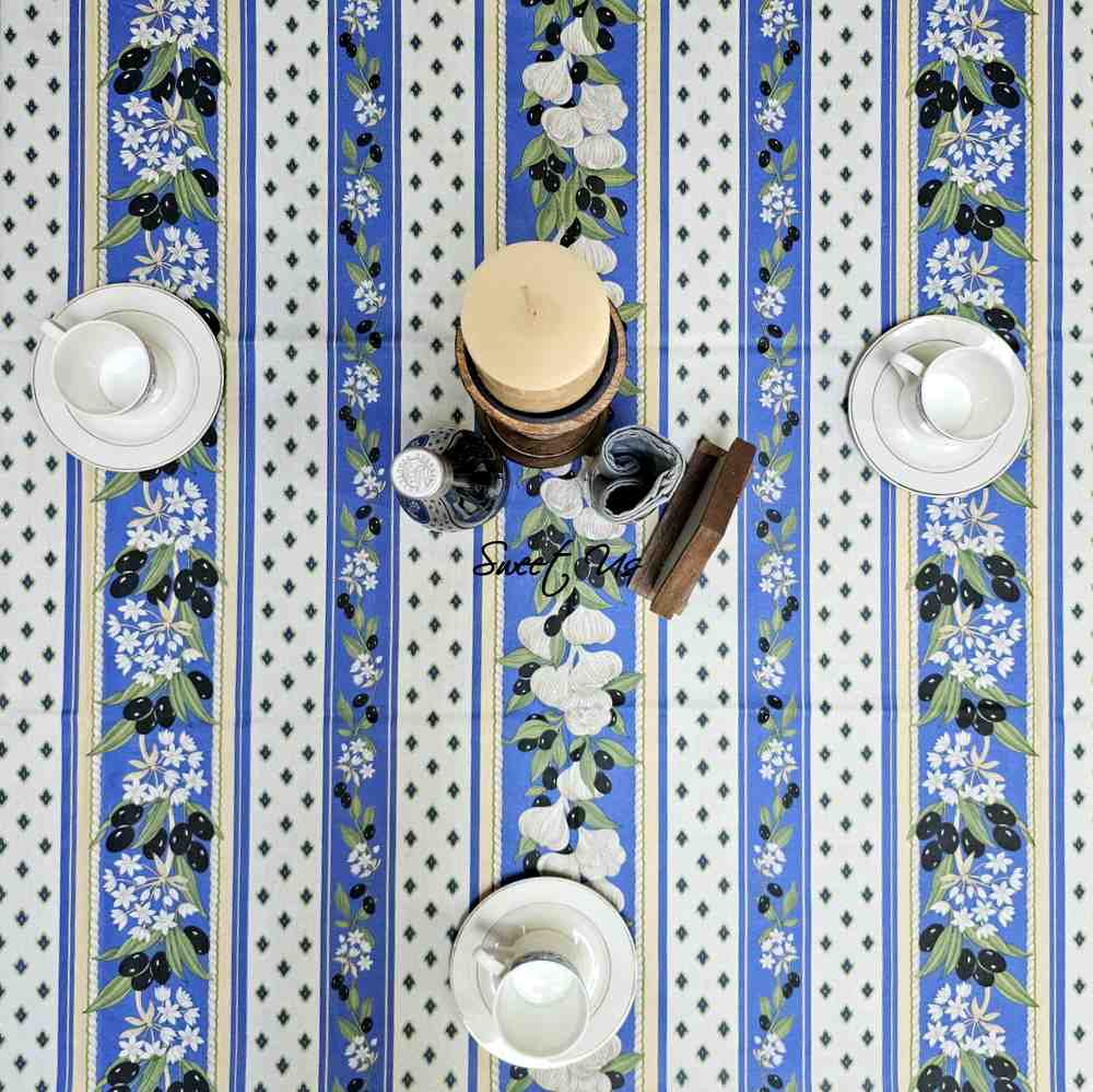 Herbal Vineyard Wipeable Tablecloth Stain Resistant French Acrylic Coated, Sky