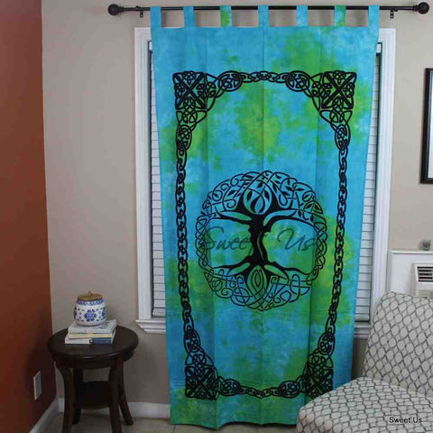 Celtic Tree of Life Tie Dye Cotton Panel Living Room Curtain, Emerald Nightfall