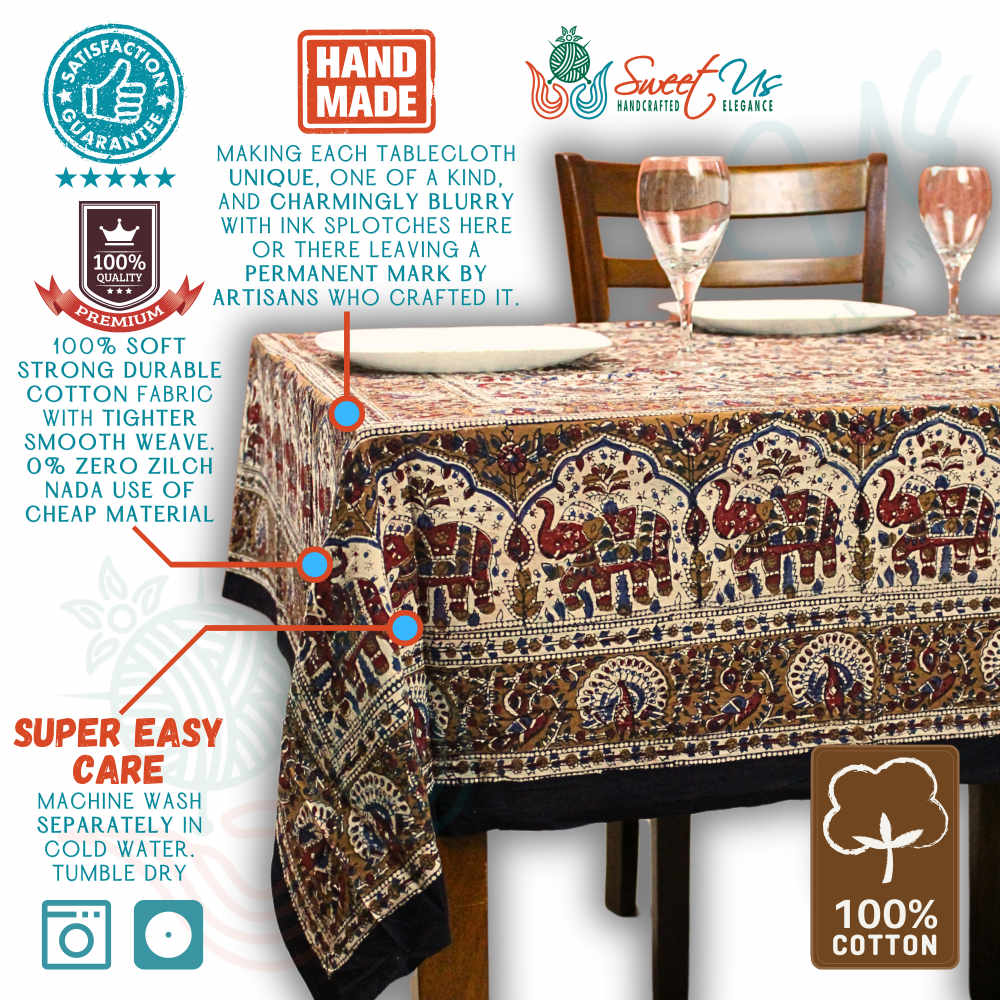 Paisley Safari Block Print Cotton Floral Tablecloth Rectangle, Gilded Garden