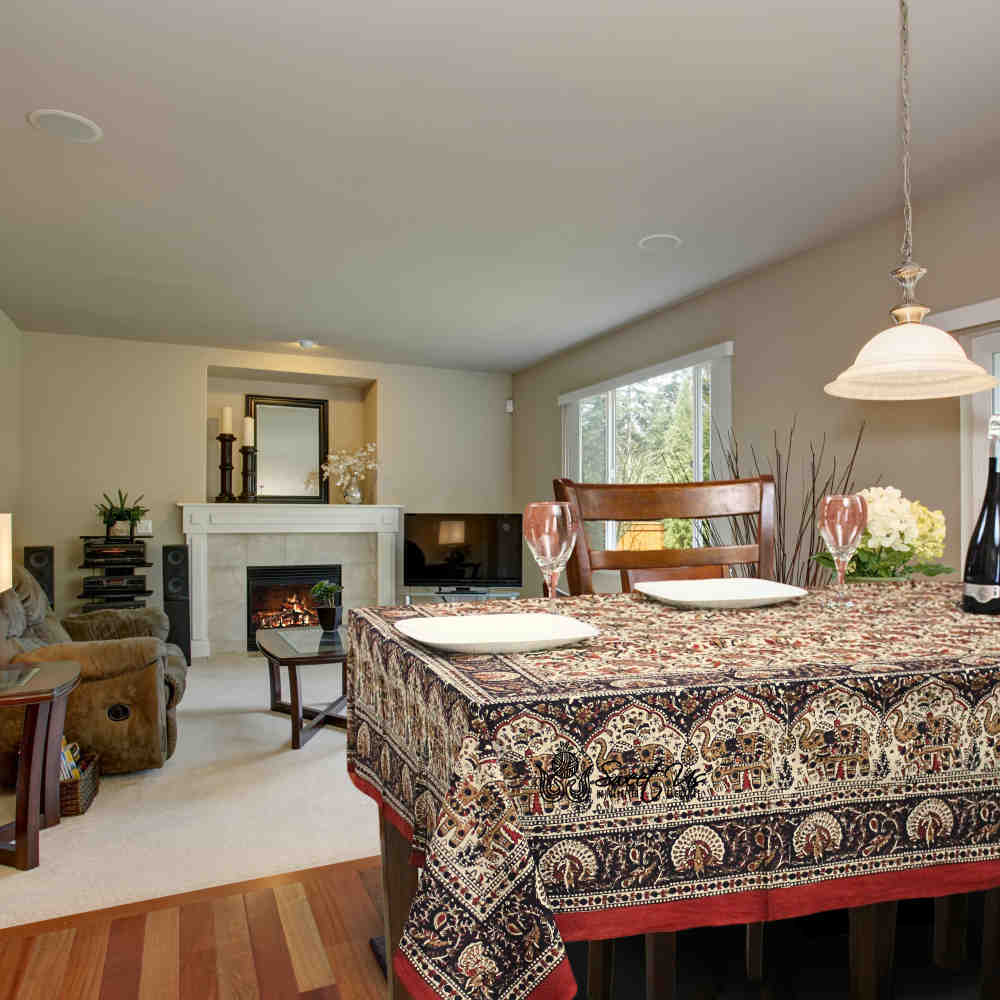 Paisley Safari Block Print Cotton Floral Tablecloth Rectangle, Golden Blaze