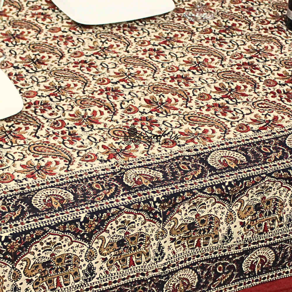 Paisley Safari Block Print Cotton Floral Tablecloth Rectangle, Golden Blaze