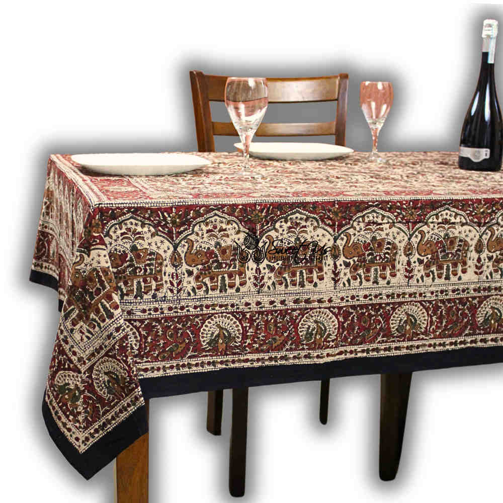 Paisley Safari Block Print Cotton Floral Tablecloth Rectangle, Regal Sands