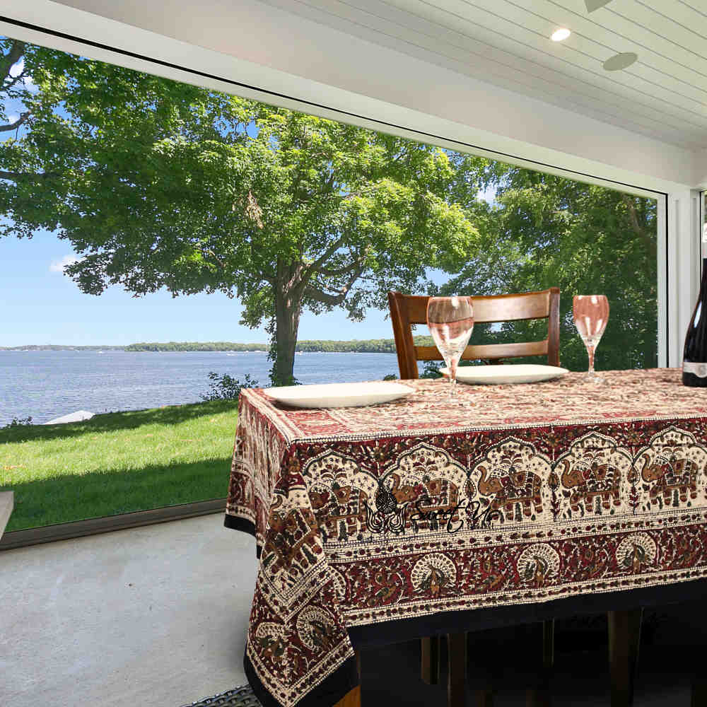 Paisley Safari Block Print Cotton Floral Tablecloth Rectangle, Regal Sands