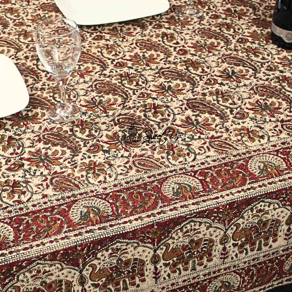 Paisley Safari Block Print Cotton Floral Tablecloth Rectangle, Regal Sands