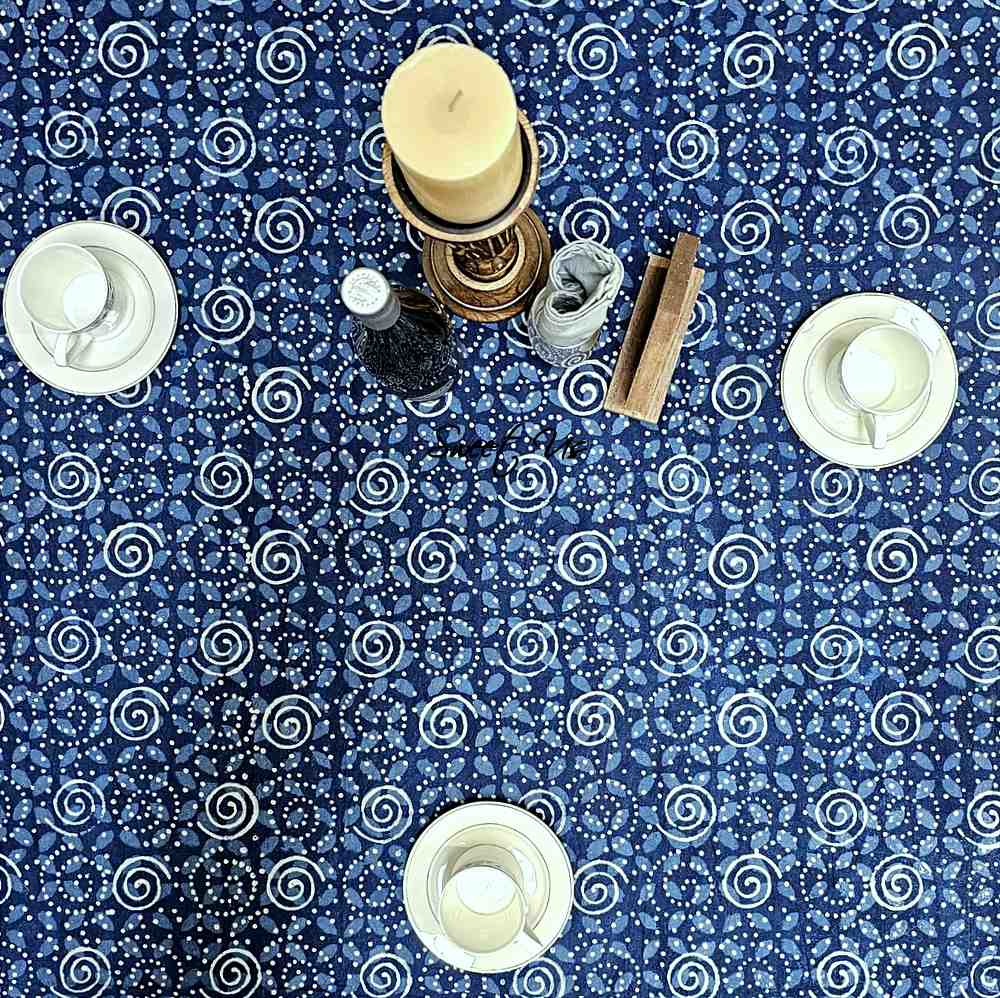 Chiara Eternity Cotton Hand Block Print Tablecloth Rectangle, Indigo Blue