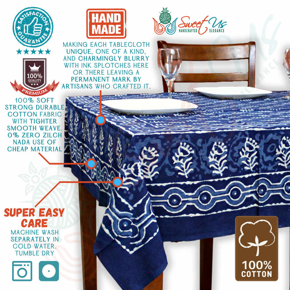 Chiara Petals Cotton Hand Block Print Tablecloth Rectangle, Indigo Blue
