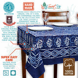 Chiara Petals Cotton Hand Block Print Tablecloth Rectangle, Indigo Blue