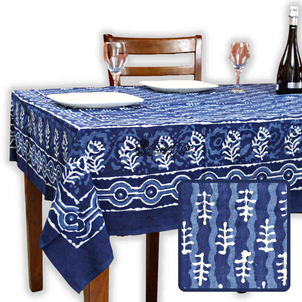 Chiara Petals Cotton Hand Block Print Tablecloth Rectangle, Indigo Blue