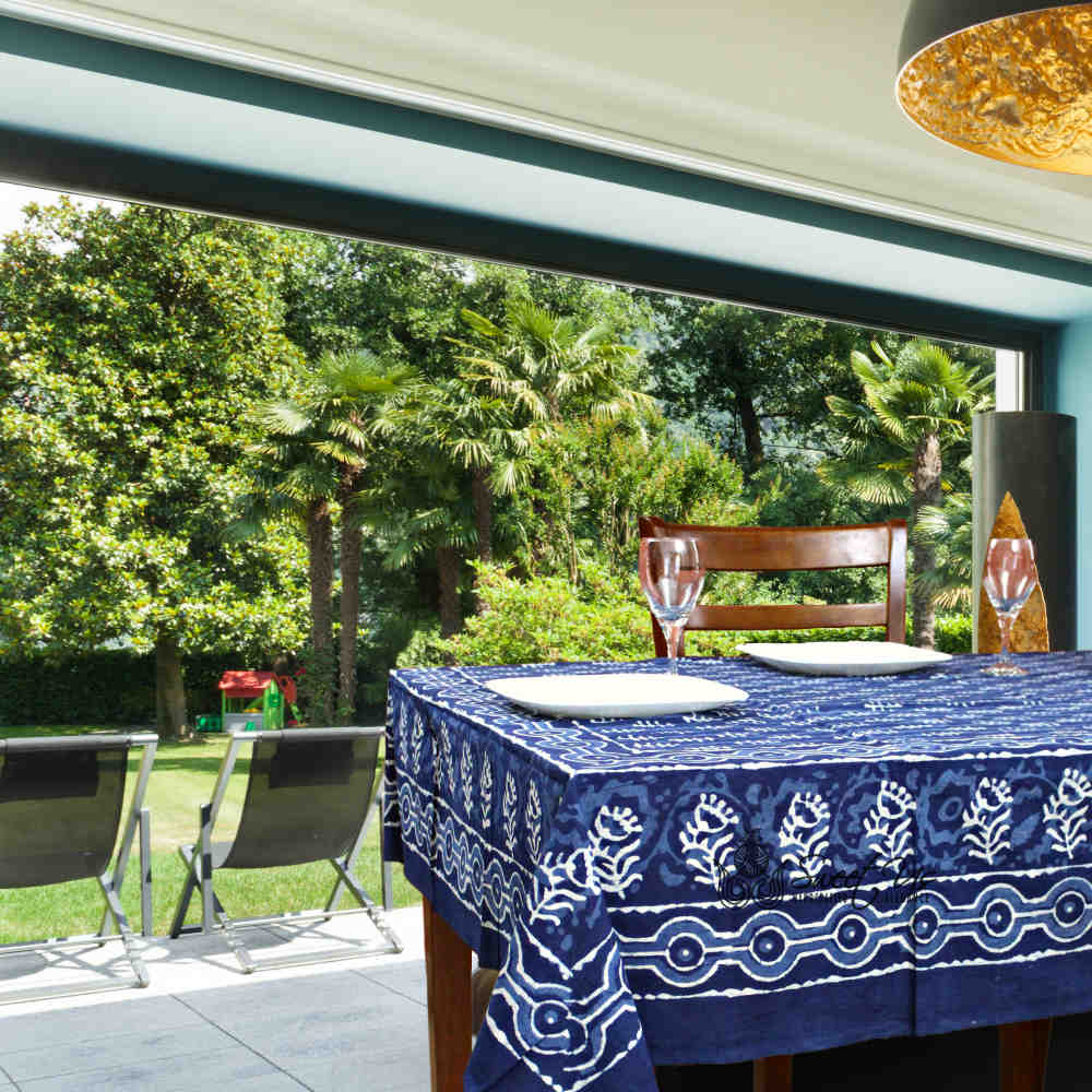 Chiara Petals Cotton Hand Block Print Tablecloth Rectangle, Indigo Blue