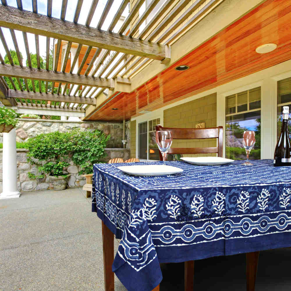 Chiara Petals Cotton Hand Block Print Tablecloth Rectangle, Indigo Blue