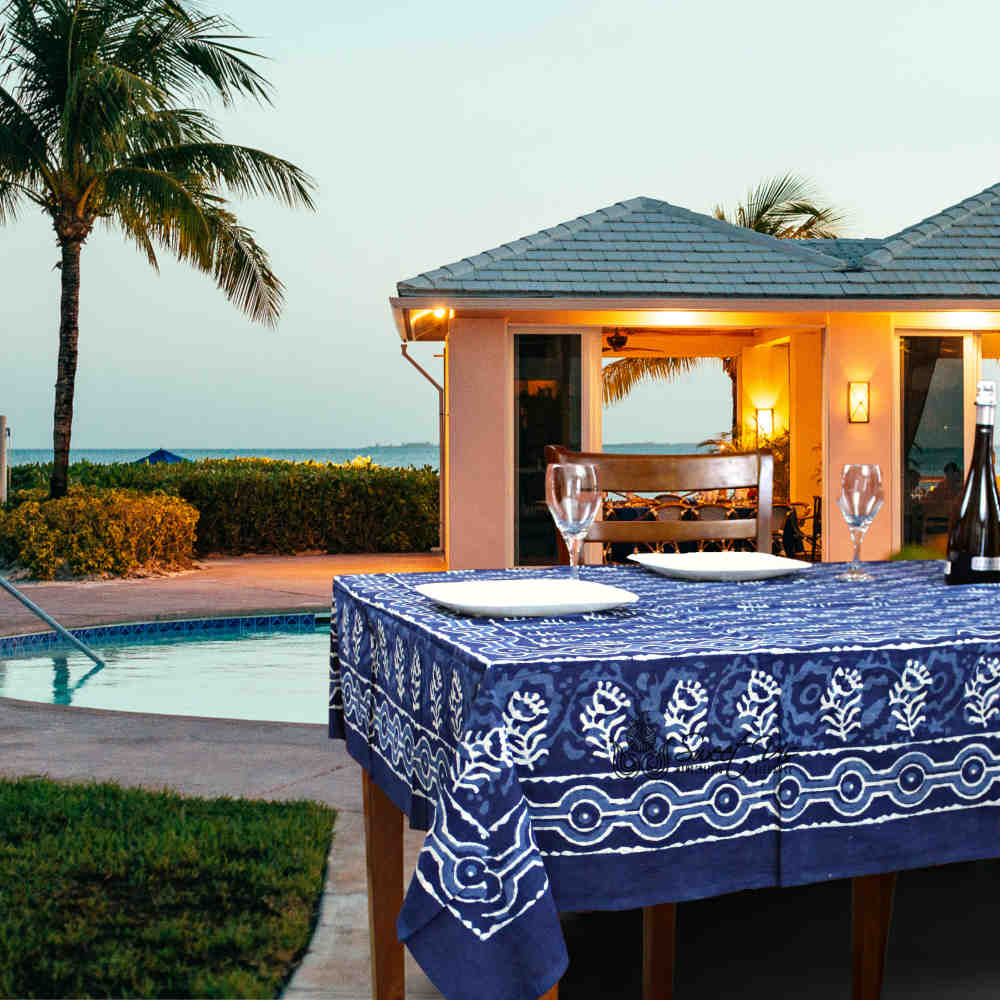 Chiara Petals Cotton Hand Block Print Tablecloth Rectangle, Indigo Blue