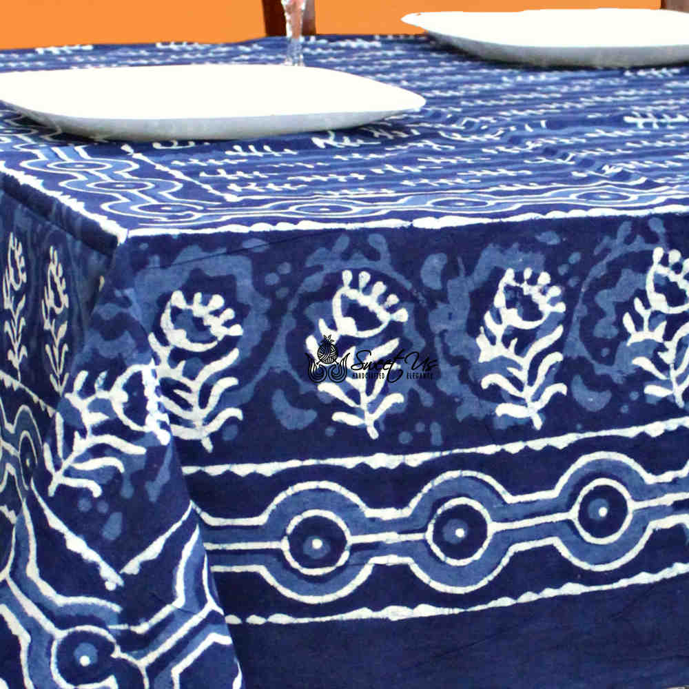 Chiara Petals Cotton Hand Block Print Tablecloth Rectangle, Indigo Blue