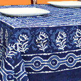 Chiara Petals Cotton Hand Block Print Tablecloth Rectangle, Indigo Blue